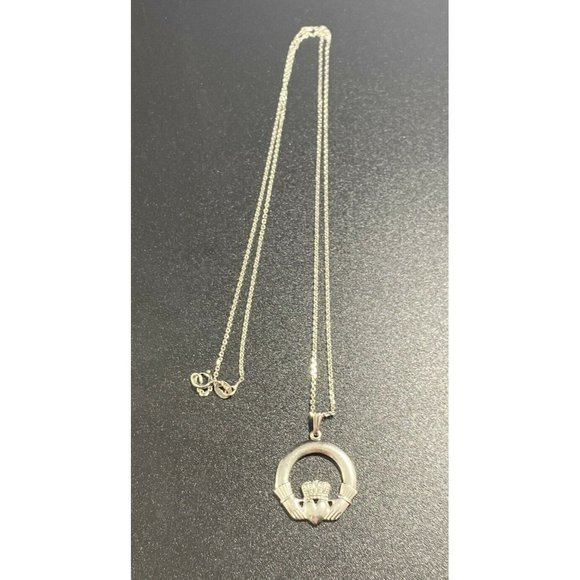 14k Ireland Claddagh Heart Hands Pendant White Gold Chain Link Necklace 17.5in - Picture 1 of 8